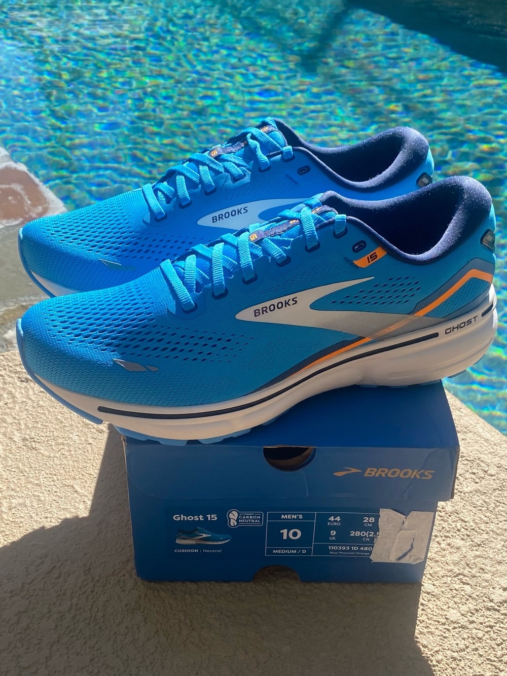 BROOKS Men’s Ghost 15 Running Shoes Bright Blue with Orange Accents Size 10 NWT